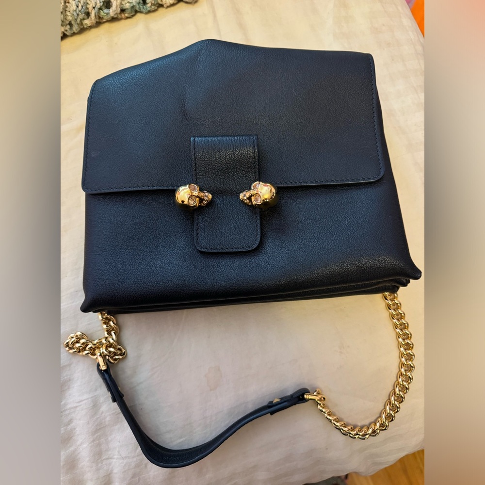 Alexander McQueen Black and Gold Crossbody Bag with Skull Embellishments